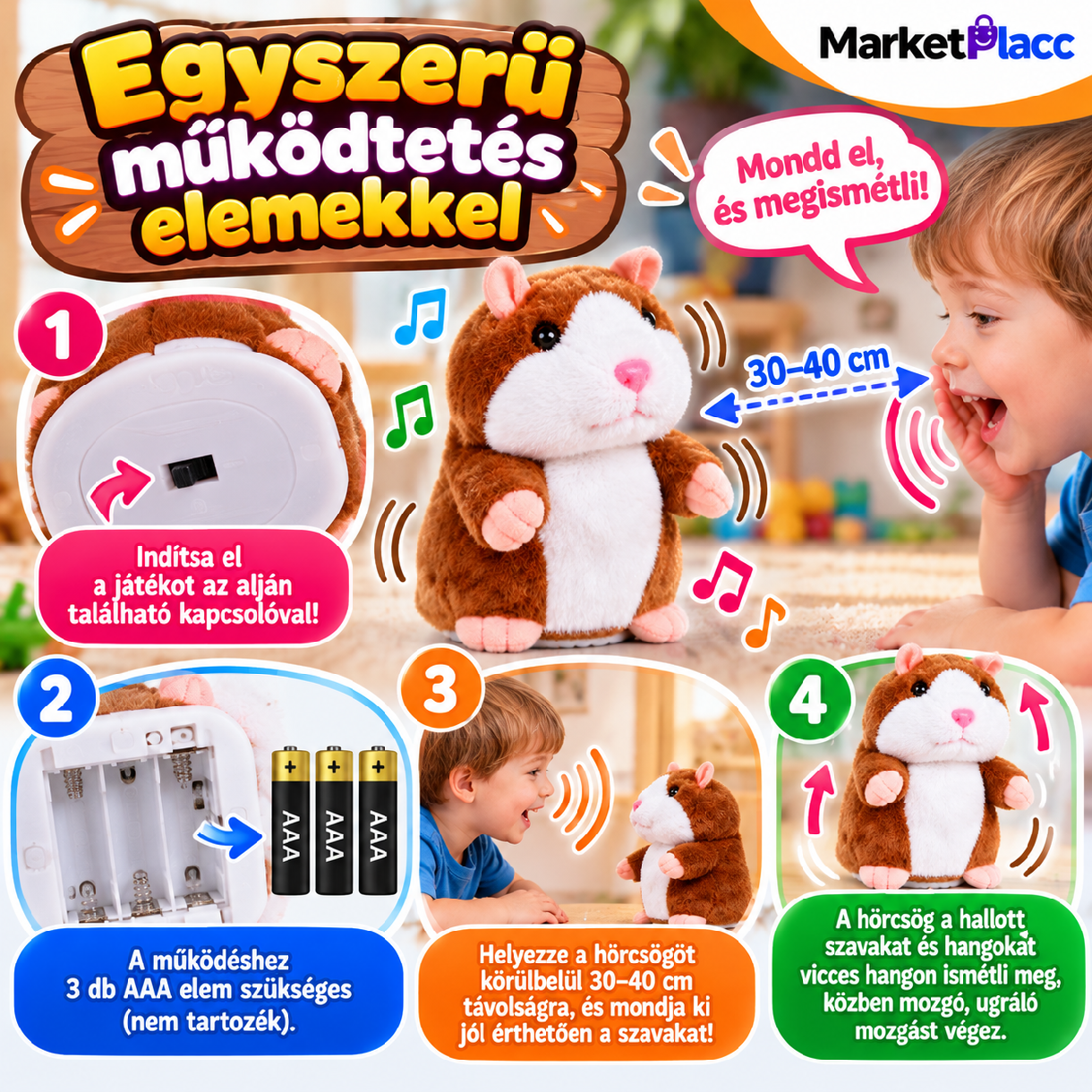 A beszélő hörcsög kapcsolója és elemtartója, 3 db AAA elemmel működik