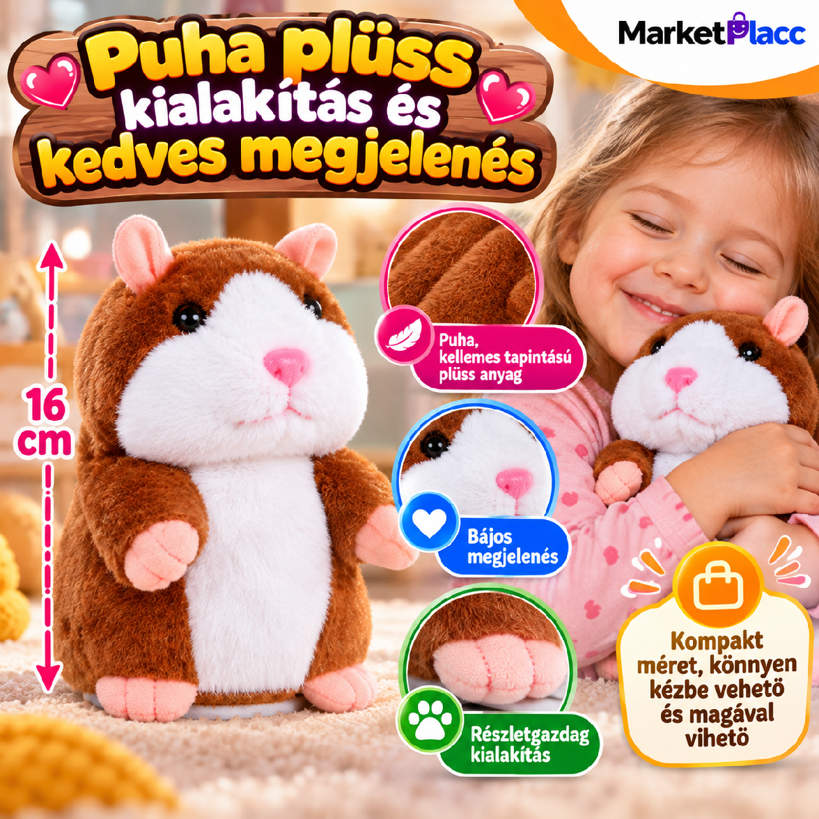 Barna és fehér színű, puha tapintású beszélő hörcsög plüss