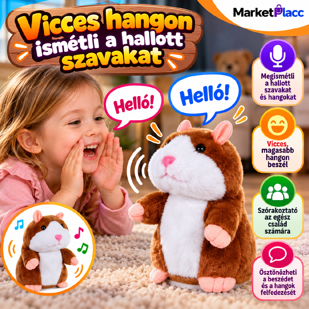 Interaktív beszélő plüss hörcsög, amely megismétli a hallott szavakat