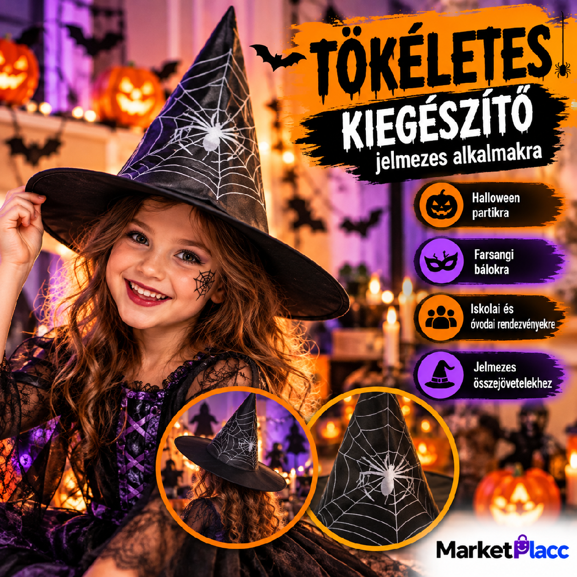 Boszorkánykalap Halloween-jelmezhez és tematikus partikhoz