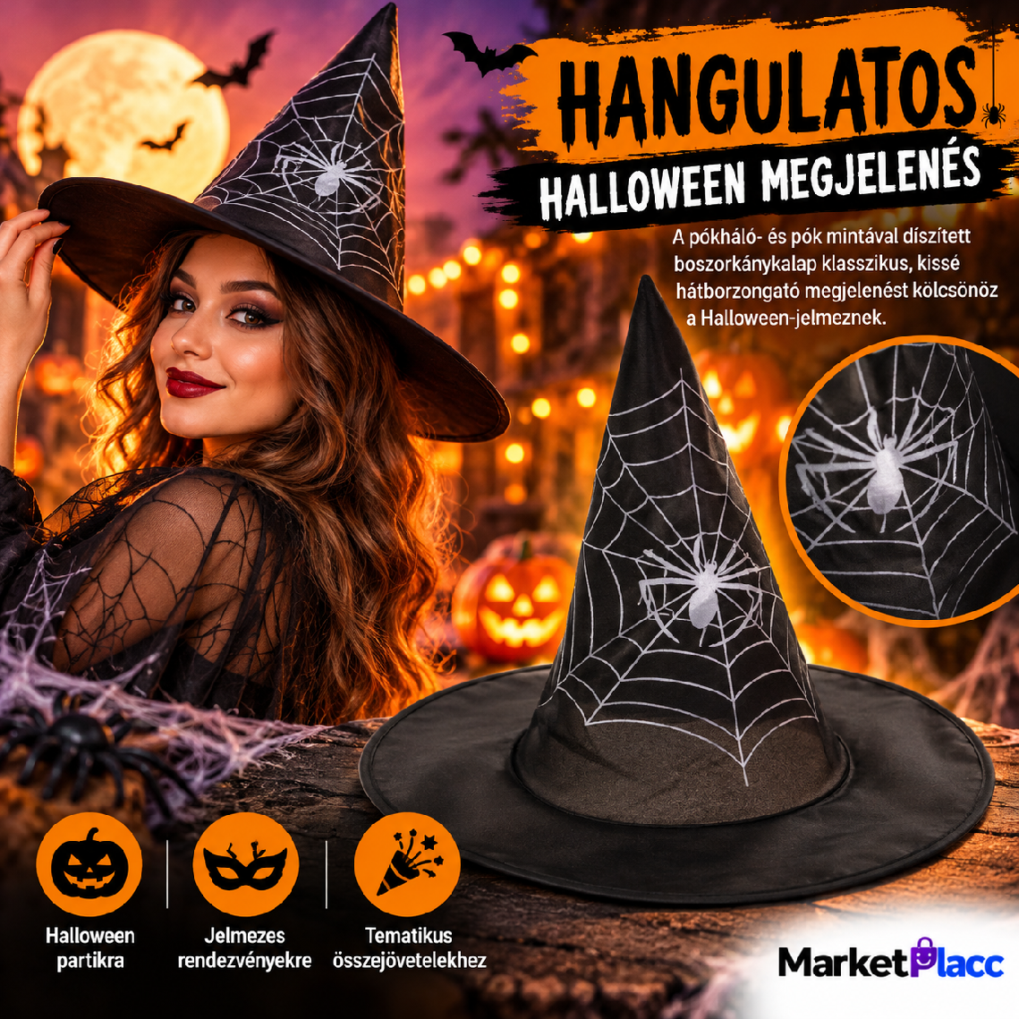 Halloween boszorkánykalap pókháló- és pók mintával