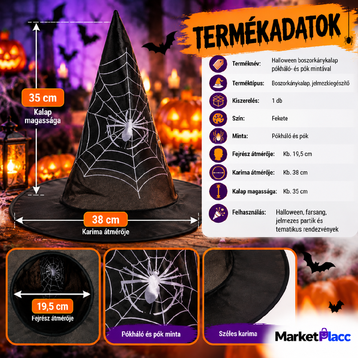 Halloween boszorkánykalap termékadatok
