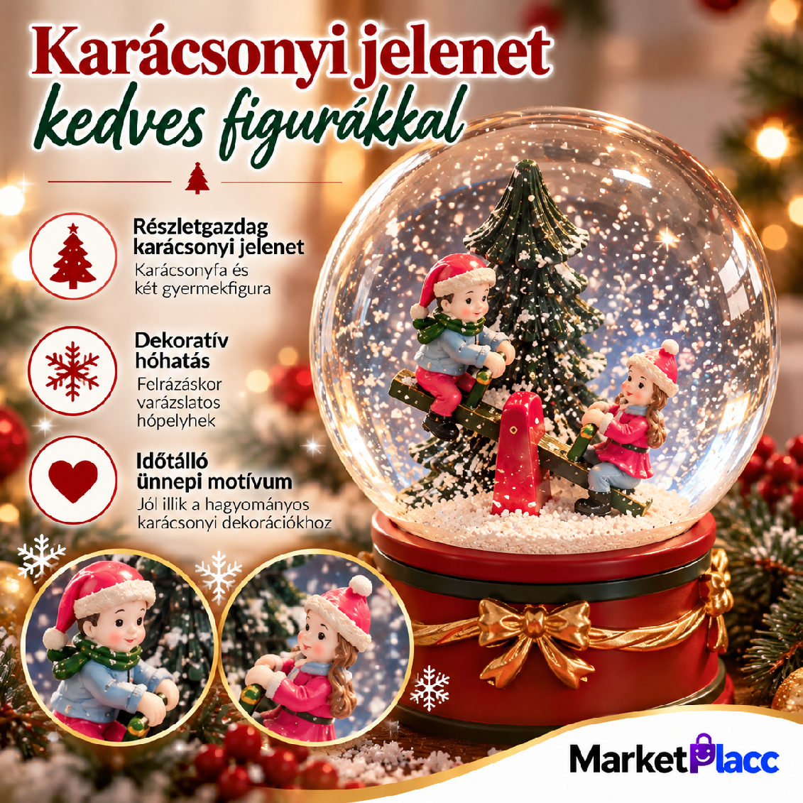 Karácsonyi hógömb karácsonyfával és két gyermekfigurával