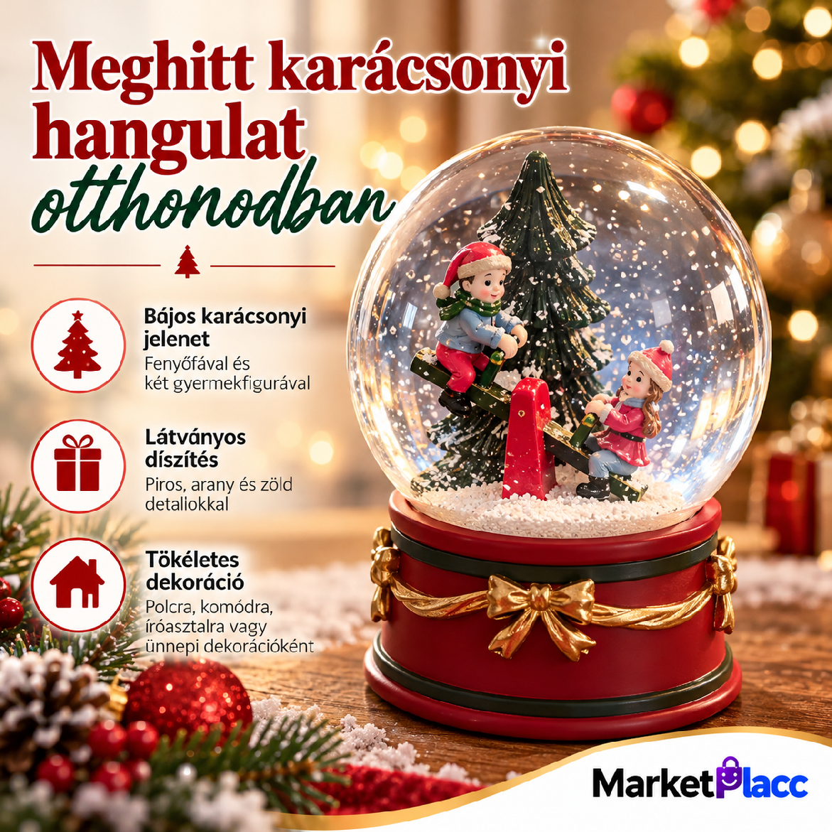 Nagy méretű karácsonyi hógömb fenyőfával és gyerekekkel