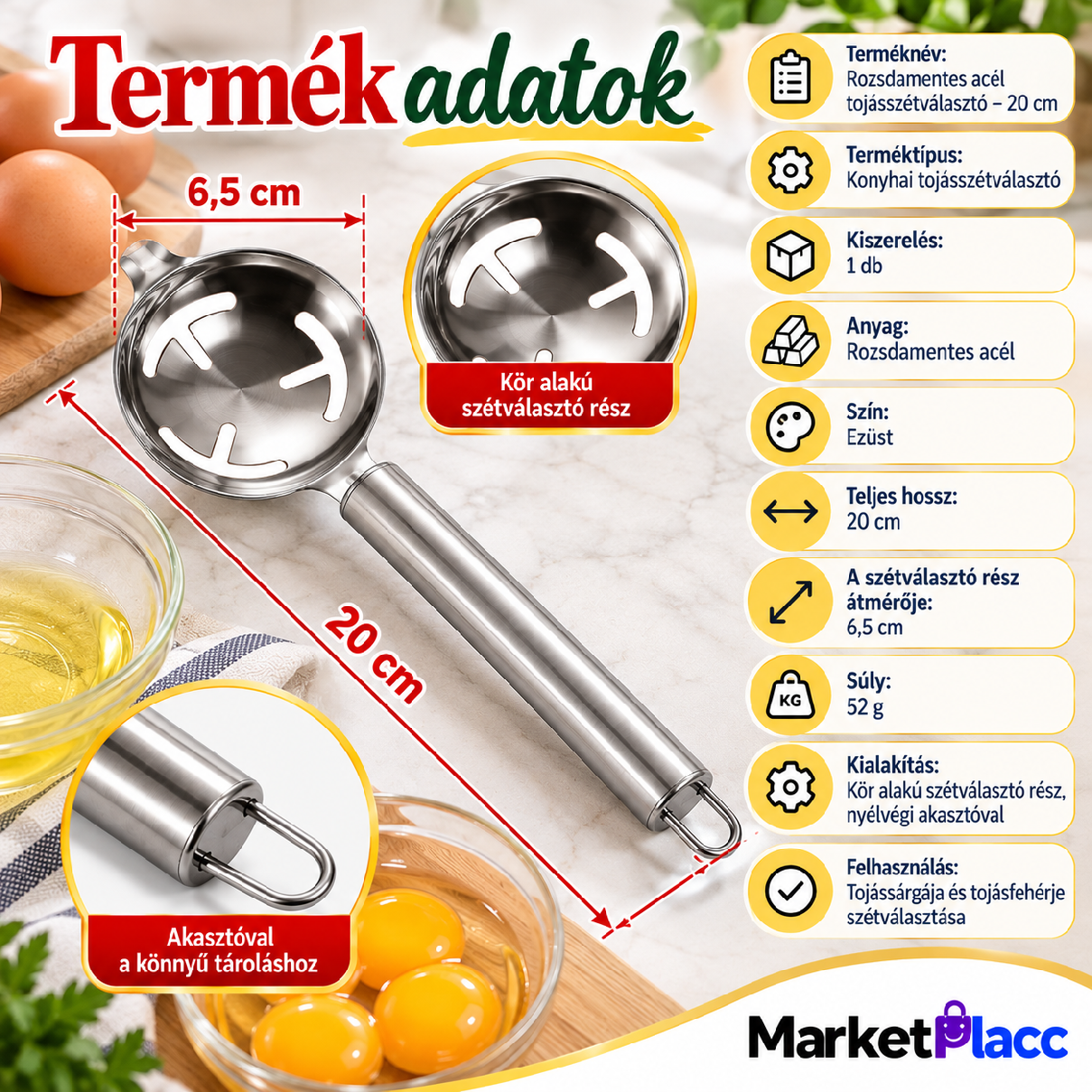 Rozsdamentes acél tojásszétválasztó – termékadatok